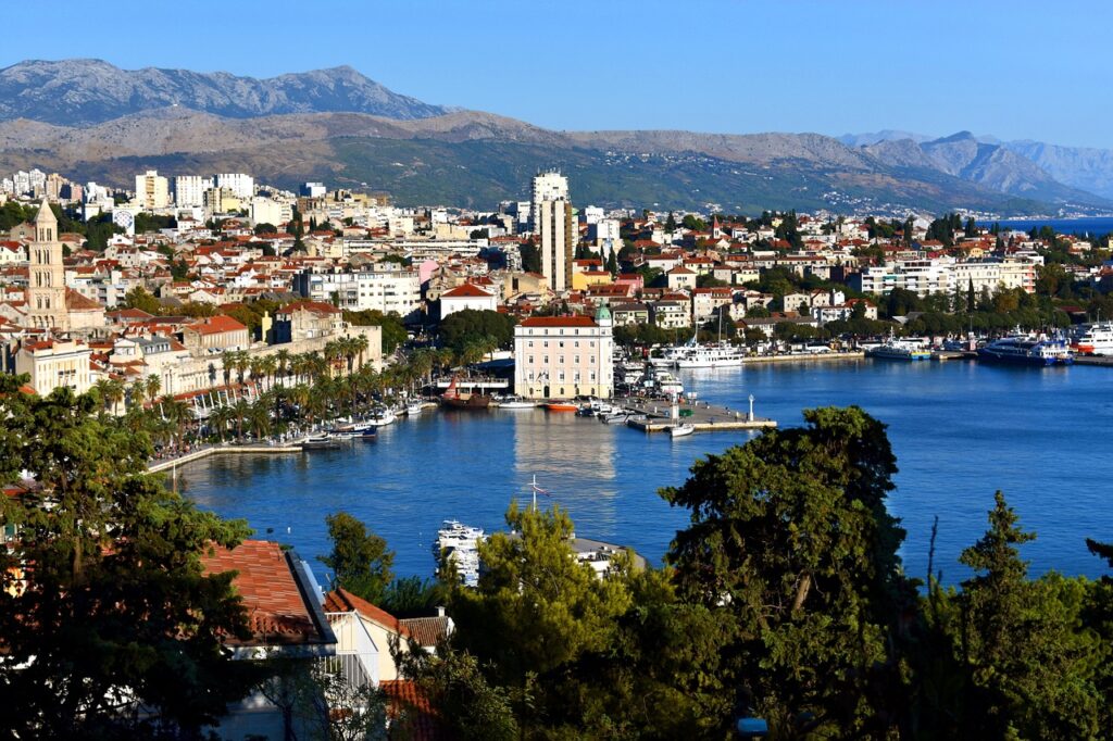 view of split croatia harbor from mountaintop