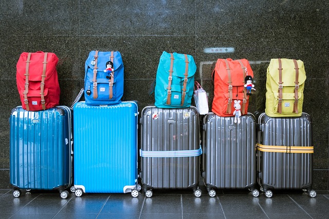 Row of carry-on suitcases paired with carry-on backpacks.