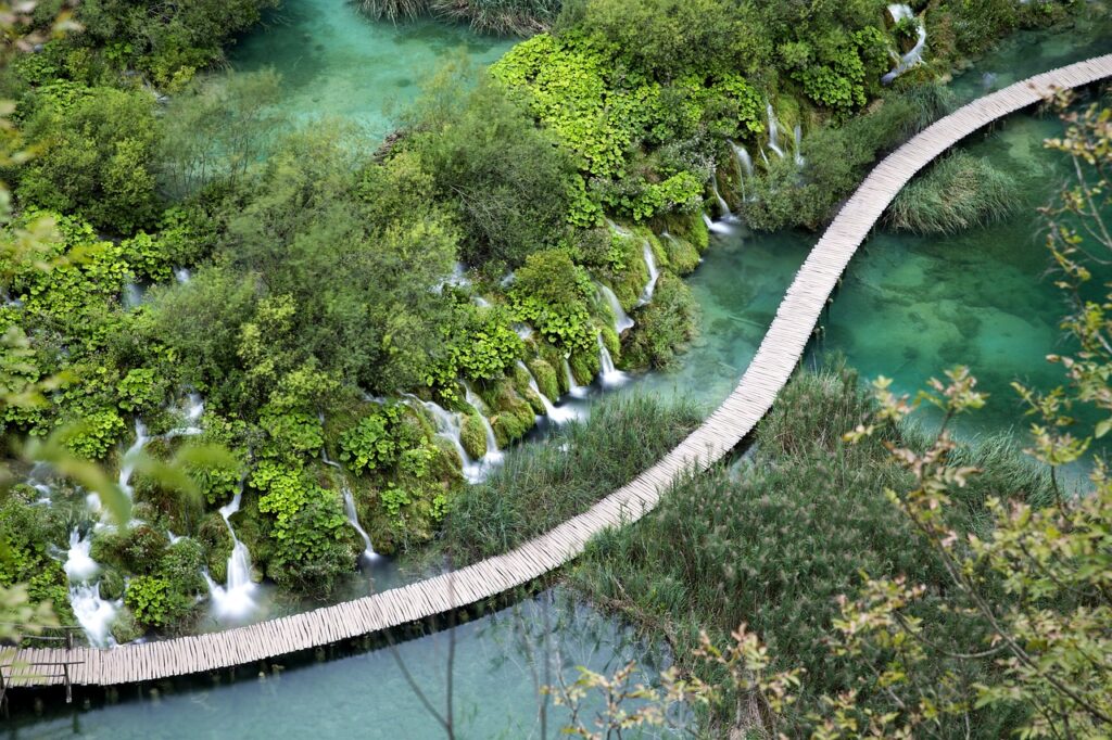 Path winding through waterfalls at Plitvice Lakes National Park