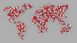 map of the world made out of red and white prescription pills